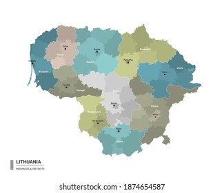 Lituania presentó un mapa detallado con subdivisiones. Mapa administrativo de Lituania con nombre de distritos y ciudades, coloreado por estados y distritos administrativos. Ilustración vectorial.