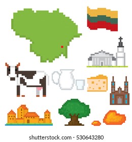 Lithuania icon set. Pixel art. Old school computer graphic style. Games elements