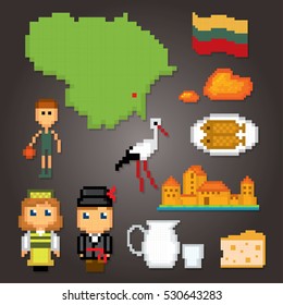 Lithuania icon set. Pixel art. Old school computer graphic style. Games elements
