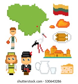 Lithuania icon set. Pixel art. Old school computer graphic style. Games elements