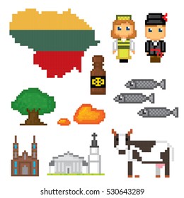 Lithuania icon set. Pixel art. Old school computer graphic style. Games elements