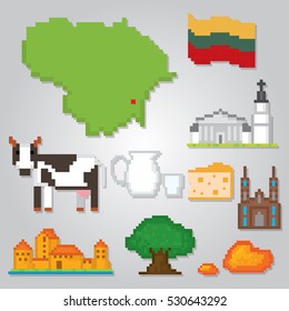 Lithuania icon set. Pixel art. Old school computer graphic style. Games elements