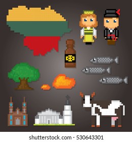 Lithuania icon set. Pixel art. Old school computer graphic style. Games elements