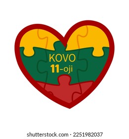 Lithuania - Independence Day - 11 March. Lithuania flag icon. Colored puzzle pieces of the Lithuanian flag. Symbol of love. Heart on a white background - logo. Graphic emblem.