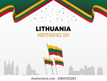 Lithuania independence day background banner poster for national celebration on march 11. Vector illustration, flag and city objects.