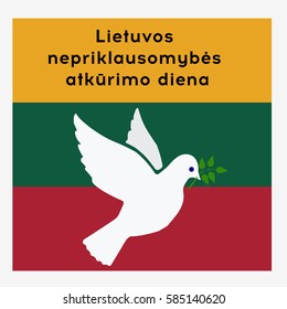 Lithuania independence day. Lithuania Flag. Dove of peace with olive branch. Flat vector stock illustration