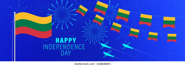 March 11 Lithuania Independence Day greeting card. Celebration background with fireworks, flags, flagpole and text.