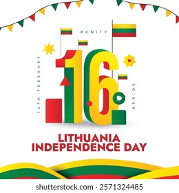 Lithuania Independence Day. Lithuanian national day colourful social media post. 16th February Lithuania celebration post with modern art elements and flag. Vector stock illustration