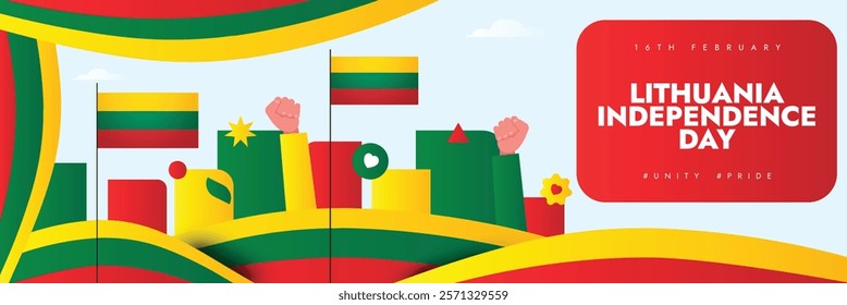 Lithuania Independence Day. Lithuanian national day colourful social media cover. 16th February Lithuania celebration banner with modern art elements and flag. Vector stock illustration