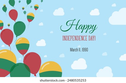 Lithuania Independence Day Sparkling Patriotic Poster. Row of Balloons in Colors of the Lithuanian Flag. Greeting Card with National Flags, Blue Skyes and Clouds.