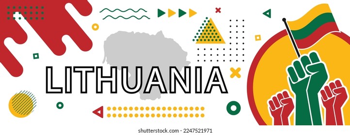 Lithuania Independence and national day banner with Lithuanian flag colors theme geometric art, raised fists, background cover in red yellow green color design with shapes and map.