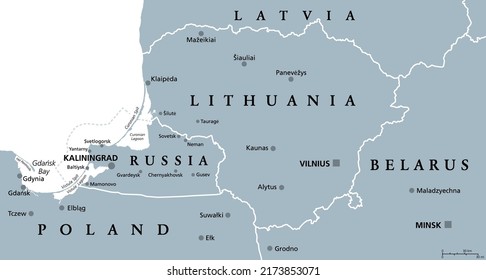 Lithuania and Kaliningrad, gray political map, with capitals and largest cities. Republic of Lithuania, an European and Baltic country, and Kaliningrad Oblast, a federal subject and exclave of Russia.