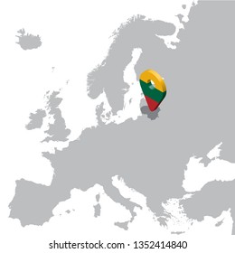 Lithuania Location Map on map Europe. 3d Lithuania flag map marker location pin. High quality map of Lithuania.  Vector illustration EPS10.