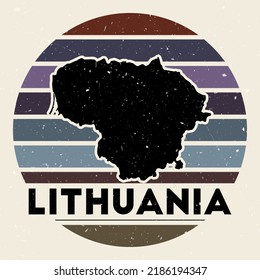 Lithuania logo. Sign with the map of country and colored stripes, vector illustration. Can be used as insignia, logotype, label, sticker or badge of Lithuania.