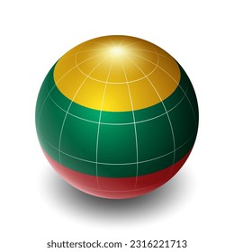 Lithuania (LT) (Lithuanian) National Flag 2.5D Isometric View, Metallic Sphere Ball Globe Design, Flag Symbol Isolated on White Background