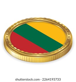 Lithuania (LT) National Flag Round Icon 2.5D Isometric Projection View Gold Coin Isolated on White Background