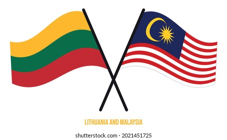 Banderas de Lituania y Malasia Cruzadas y ondeadas de estilo plano. Proporción oficial. Colores correctos.