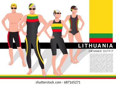 Lithuania : Male and Female Swimmers : Swimmers in National Swimsuits : Vector Illustration