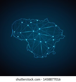 Lithuania Map - Abstract geometric mesh polygonal network line, structure and point scales on dark background with lights in the form of cities. Vector illustration eps 10.