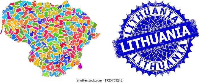 Lithuania map abstraction. Splash mosaic map and scratched stamp seal for Lithuania. Sharp rosette blue stamp with caption for Lithuania map.