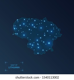 Lithuania map with cities. Luminous dots - neon lights on dark background. Vector illustration. 