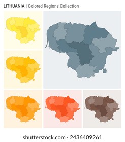 Colección de mapas de Lituania. Forma de país con regiones de color. Gris azul, amarillo, ámbar, naranja, naranja profundo, marrón paletas de color. Frontera de Lituania con las provincias para su infografía.