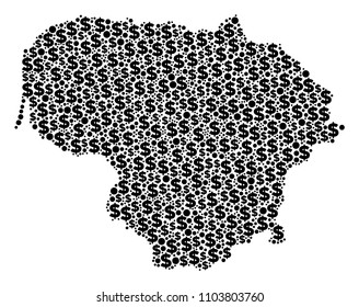 Lithuania map composition of dollar signs and circle points in various sizes. Abstract vector wealth and GDP Lithuania map.