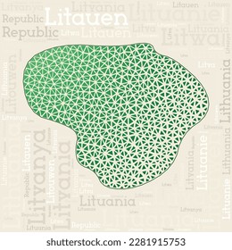 Lithuania map design. Country names in different languages and map shape with geometric low poly triangles. Modern vector illustration of Lithuania.