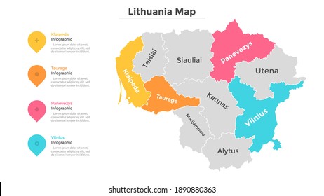 Lithuania map divided into federal states. Territory of country with regional borders. Lithuanian administrative division. Infographic design template. Vector illustration for touristic guide, banner.