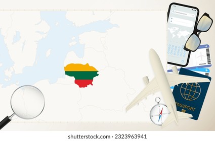 Lithuania map and flag, cargo plane on the detailed map of Lithuania with flag, passport, magnifying glass and airplane. Vector template.