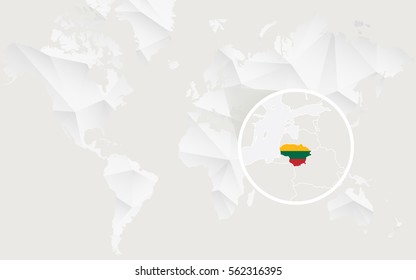 Lithuania map with flag in contour on white polygonal World Map. Vector Illustration.