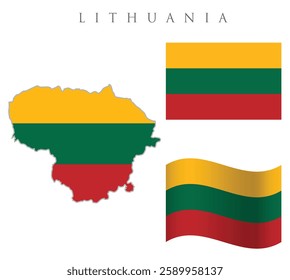 Lithuania  map with flag embeded inside with 2  flags wavy flag and rectangular flag vector illustration