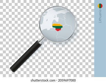 Lithuania map with flag in magnifying glass on transparent background. Vector loupe with map.