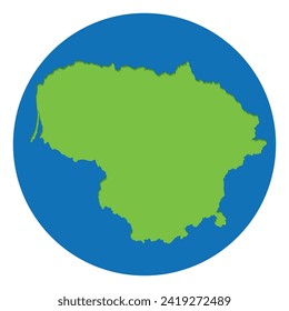 Lithuania map. Map of Lithuania in green color in globe design with blue circle color.