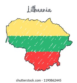 Lithuania map hand drawn sketch. Vector concept illustration flag, children's drawing.