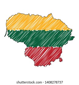 Lithuania map hand drawn sketch. Vector concept illustration flag, childrens drawing, scribble map. Country map for infographic, brochures and presentations isolated on white background. Vector