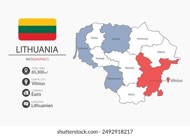 Litauen Karte Infografik Elemente mit Flagge der Stadt. Getrennt von der Rubrik ist die Gesamtfläche, Währung, Sprache und die Hauptstadt in diesem Land.