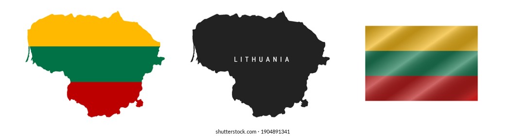 Lithuania. Map with masked flag. Detailed silhouette. Waving flag. Vector illustration isolated on white.