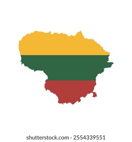 Lithuania map with national flag overlay in yellow, green, and red colors. Vector illustration suitable for educational and decorative purposes.