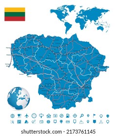 Lithuania Map and Map Navigation Set - Detailed map of Lithuania vector illustration - All elements are separated in editable layers clearly labeled.