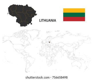 Lithuania map on a world map with flag on white background.