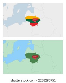 Lithuania map with pin of country capital. Two types of Lithuania map with neighboring countries. Vector template.