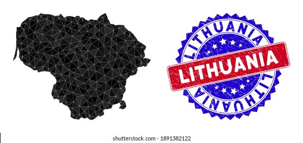 Lituania mapea malla poligonal con triángulos rellenos y sello bicolor aproximado. Mapa de Lituania de mosaico triangular con modelo vectorial de malla, triángulos con tamaños y posiciones variables y tonos de color.