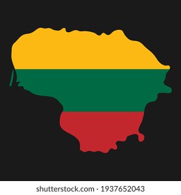 Silueta de mapa de Lituania con bandera sobre fondo negro