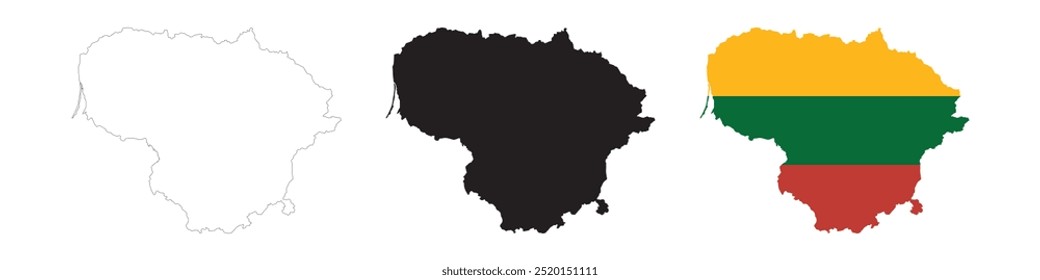 Mapa de Lituania en varios estilos de contorno, icono, color negro, borde, colores de la bandera. Colección de iconos de país de Europa. Ilustración vectorial