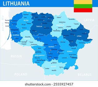 Lithuania Map Vector Blue Spot - Customizable layered political map of Lithuania with administrative divisions for website, education, reports, news, politics, print, poster and wallpaper