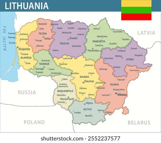 Lithuania Map Vector New 2024 Colorful - Customizable layered political map of Lithuania with administrative divisions for website, education, reports, news, politics, print, poster and wallpaper