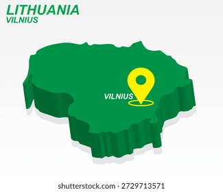 Landkarte von Litauen Vektor, Vilnius Hauptstadtmarkierung auf grünem 3D-Land Form, Litauen Infografik Design, bearbeitbare Zielzeiger Litauen Geografie