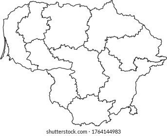 Mapa lituano de color blanco y borde negro sobre fondo blanco. Ilustración vectorial.