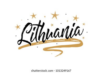 Lithuania. Name country word text card, banner script. Beautiful typography inscription greeting calligraphy poster black, gold ribbon, star. Handwritten design modern brush lettering isolated vector.